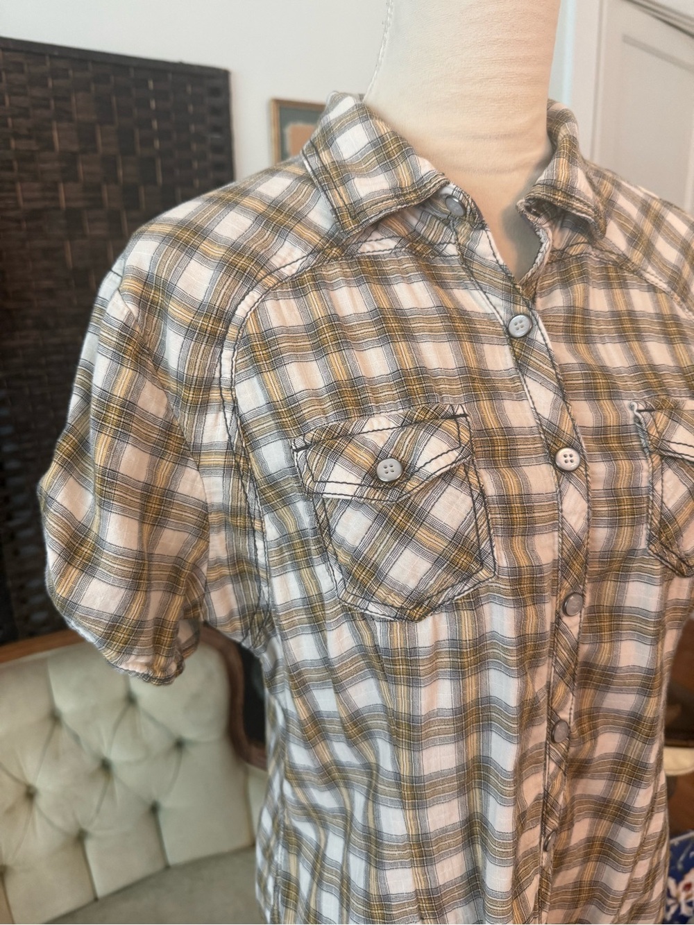 🏍️ Harley-Davidson Plaid Snap Button Women's Shirt Large Winged Back Logo Sz L - Picture 3 of 15